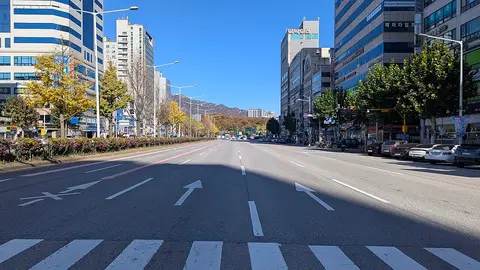넓은 길의 횡단보도(경기도 안양) — 길이 넓을수록 건너는 데 시간이 오래 걸려요